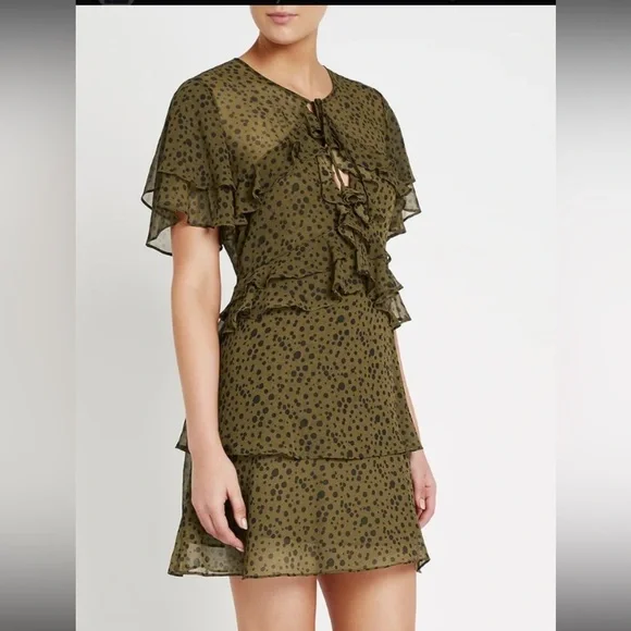 MISA  LOS ANGELES DRESS Chic Ruffle Olive Polka Dot Mini Dress - Picture 2 of 7